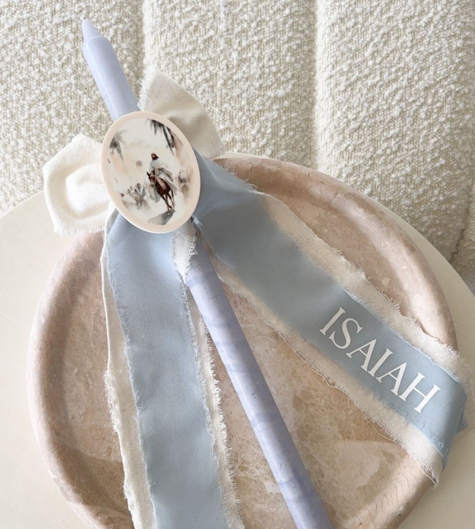 Blue Marble 40cm Candle with two tone ribbon