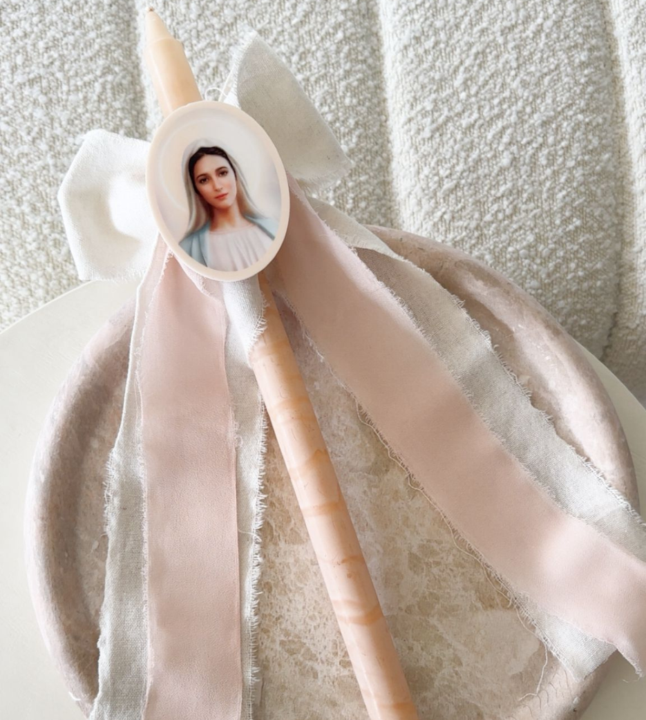 Pink Marble 40cm Candle with two tone ribbon