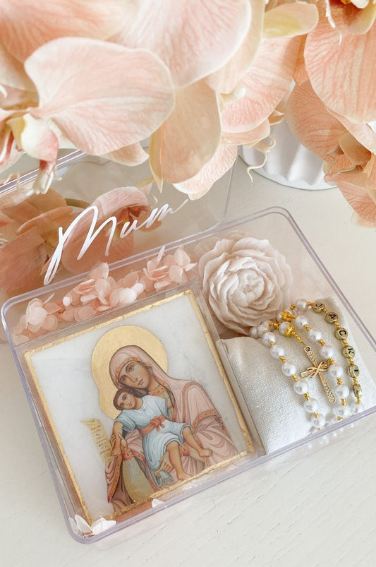 Religious Plaque and Rosary Acrylic Box